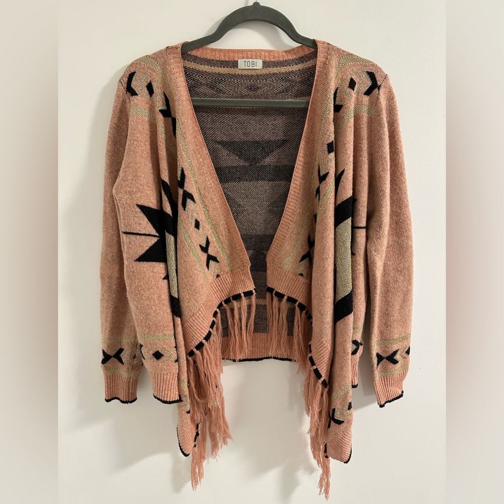 Tobi Blush Black and Gold Aztec Fringe Open Cardigan One Size Fits All